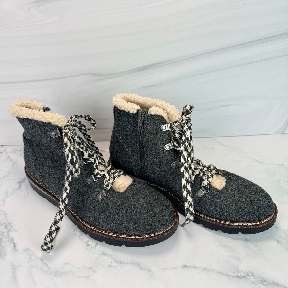 Madden NYC Womens Cozy Hiker Ankle Boots 10 Gray Side Zip Houndstooth Laces